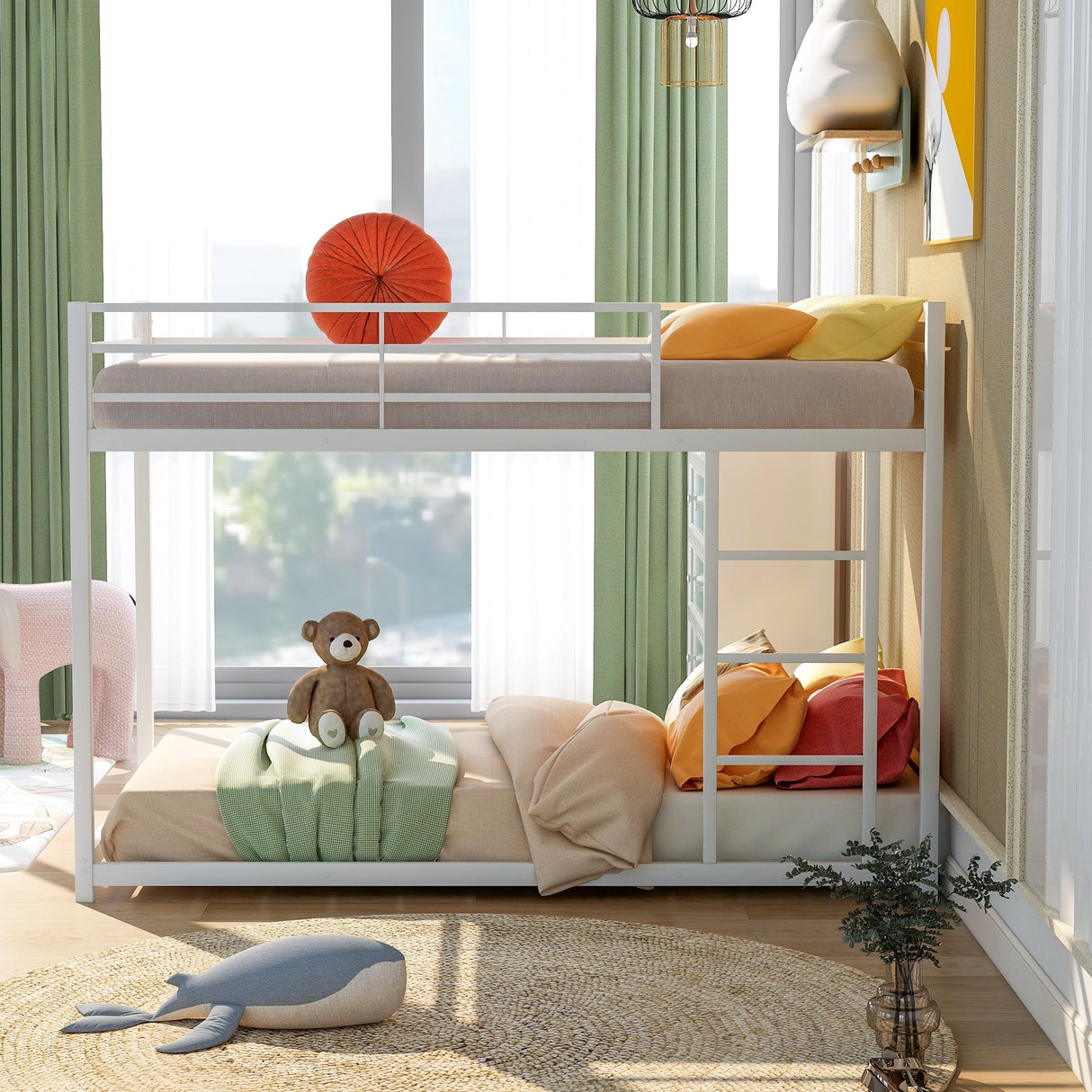 Modern Metal Bunk Bed, Low Bunk Bed with Ladder