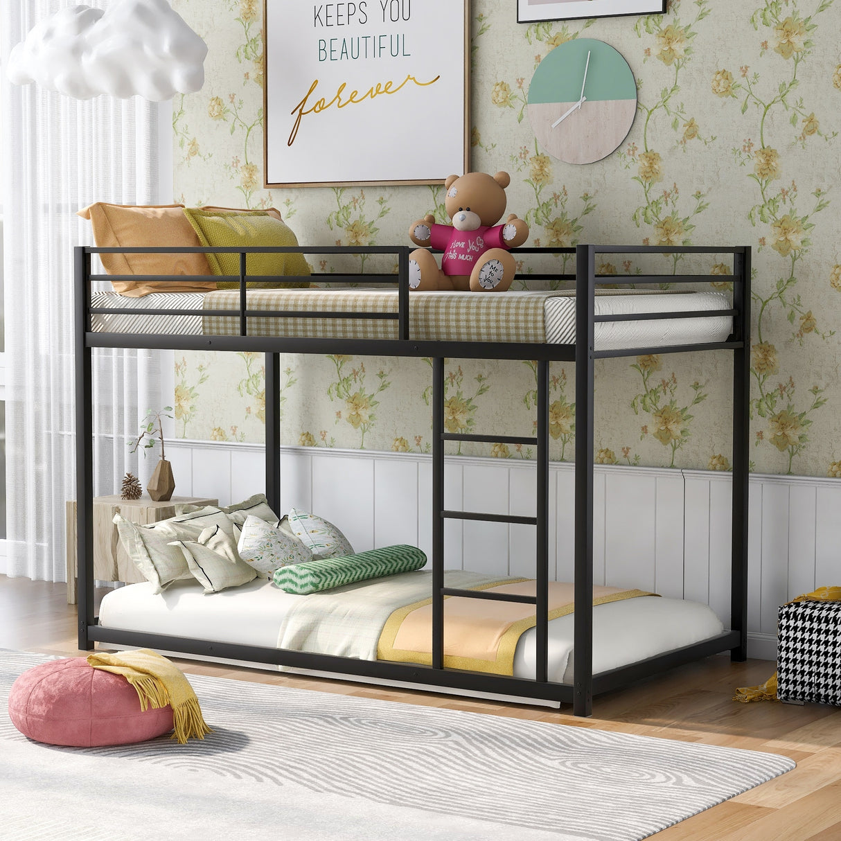 Modern Metal Bunk Bed, Low Bunk Bed with Ladder