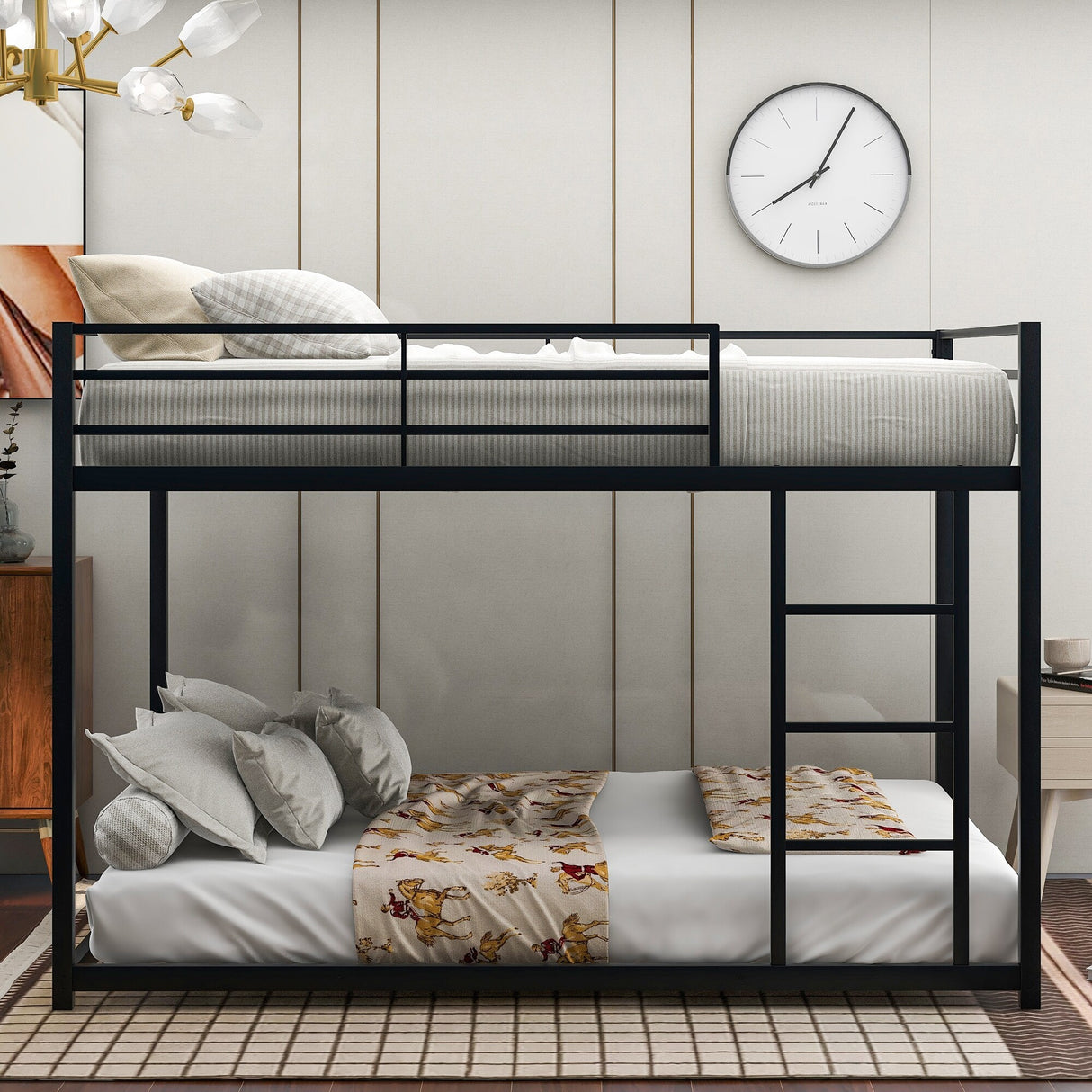 Modern Metal Bunk Bed, Low Bunk Bed with Ladder