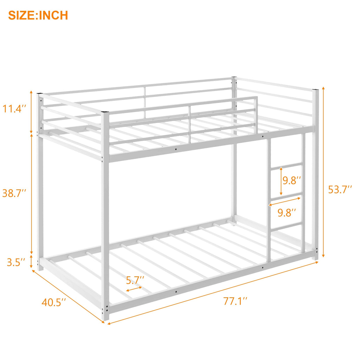 Modern Metal Bunk Bed, Low Bunk Bed with Ladder