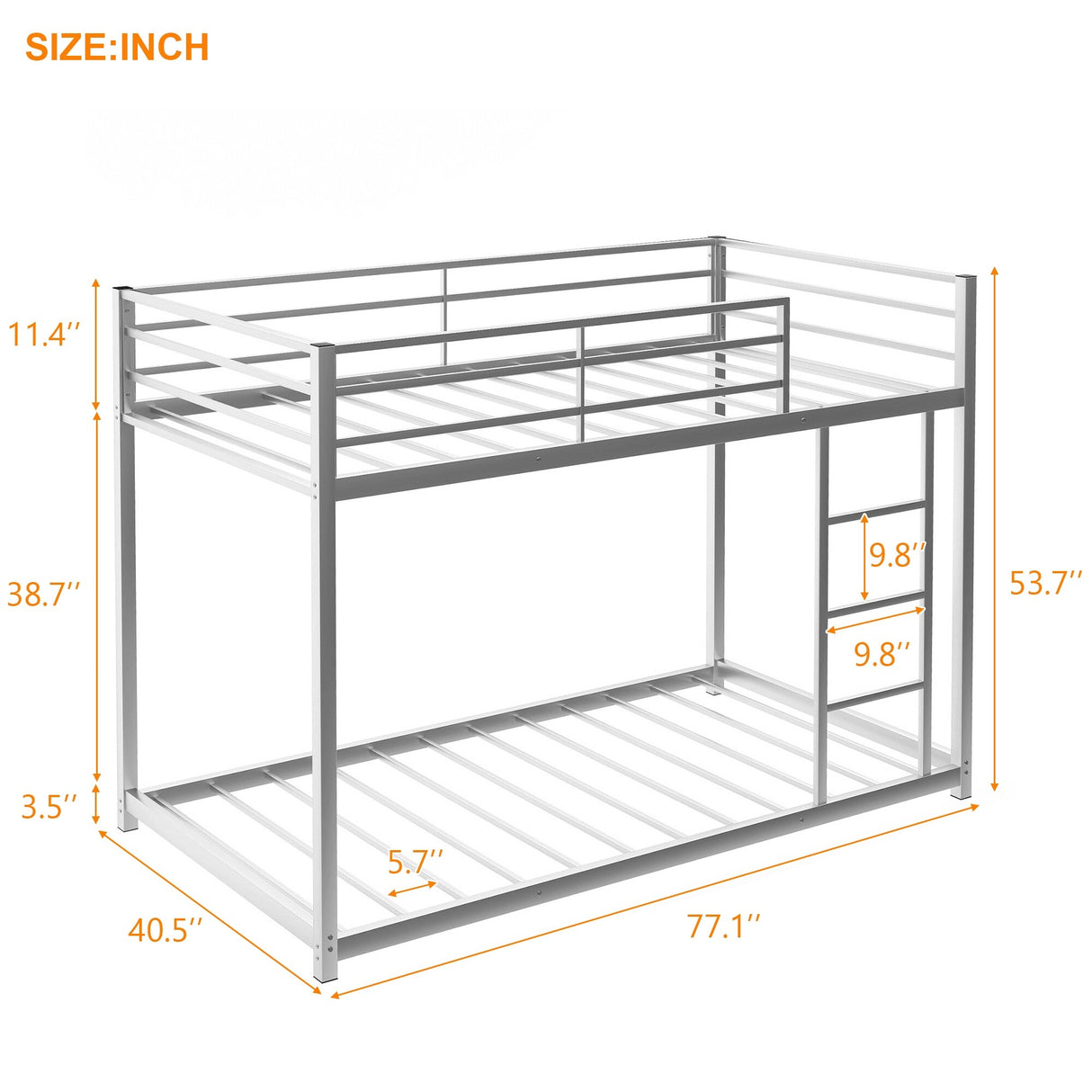 Modern Metal Bunk Bed, Low Bunk Bed with Ladder