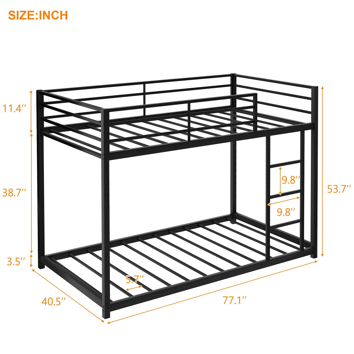 Modern Metal Bunk Bed, Low Bunk Bed with Ladder
