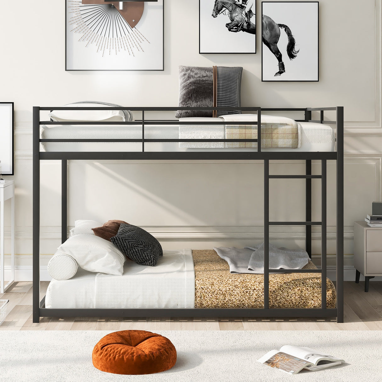 Modern Metal Bunk Bed, Low Bunk Bed with Ladder
