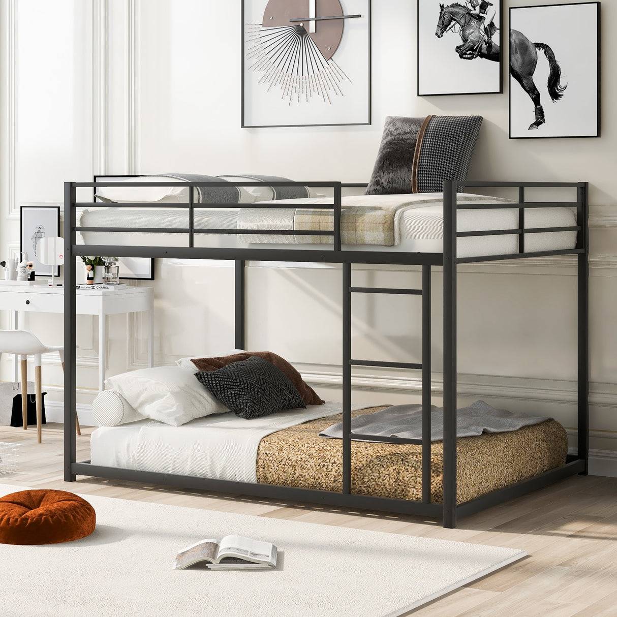 Modern Metal Bunk Bed, Low Bunk Bed with Ladder