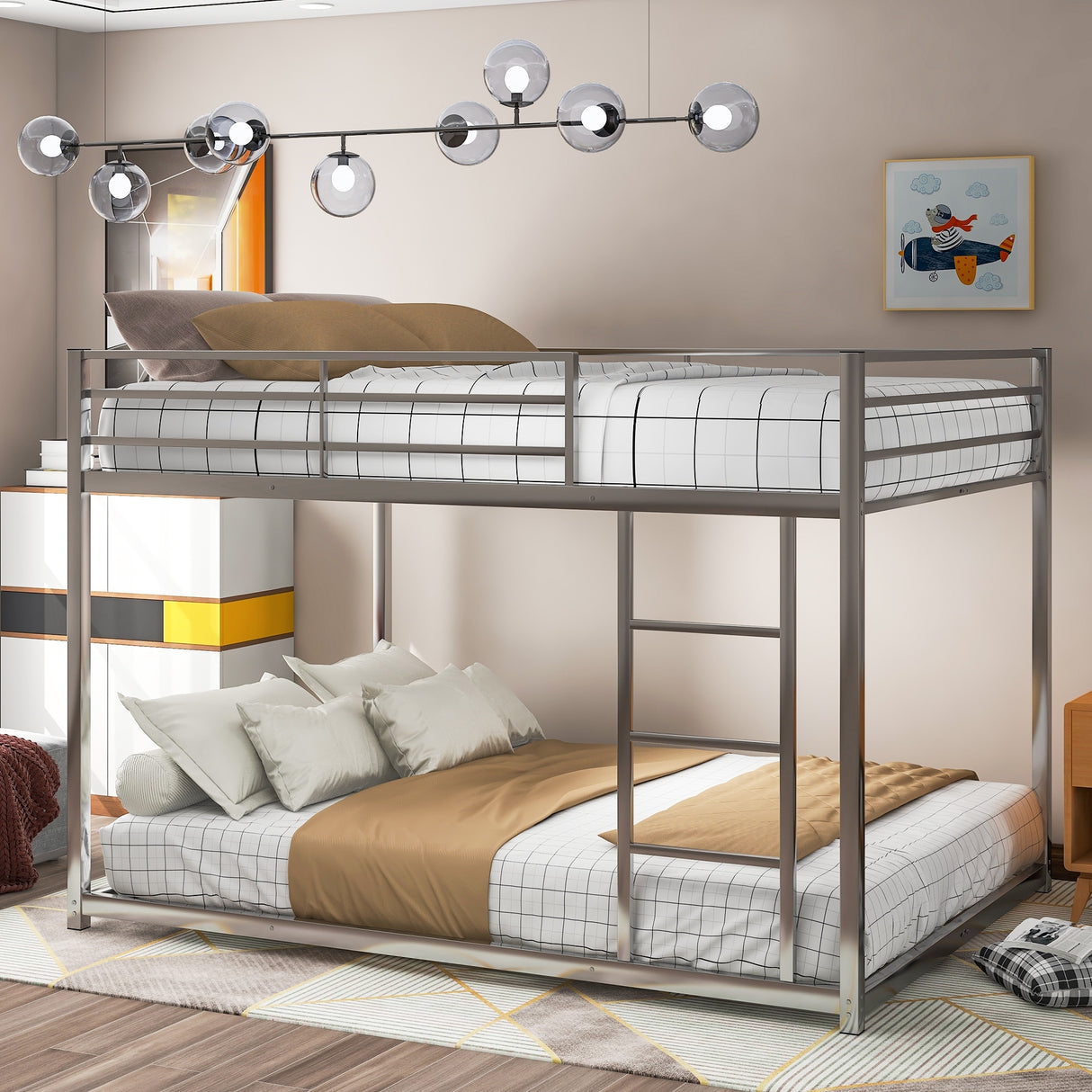 Modern Metal Bunk Bed, Low Bunk Bed with Ladder
