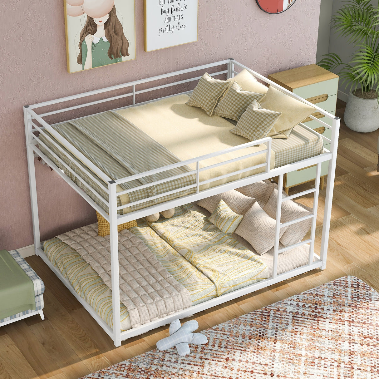 Modern Metal Bunk Bed, Low Bunk Bed with Ladder