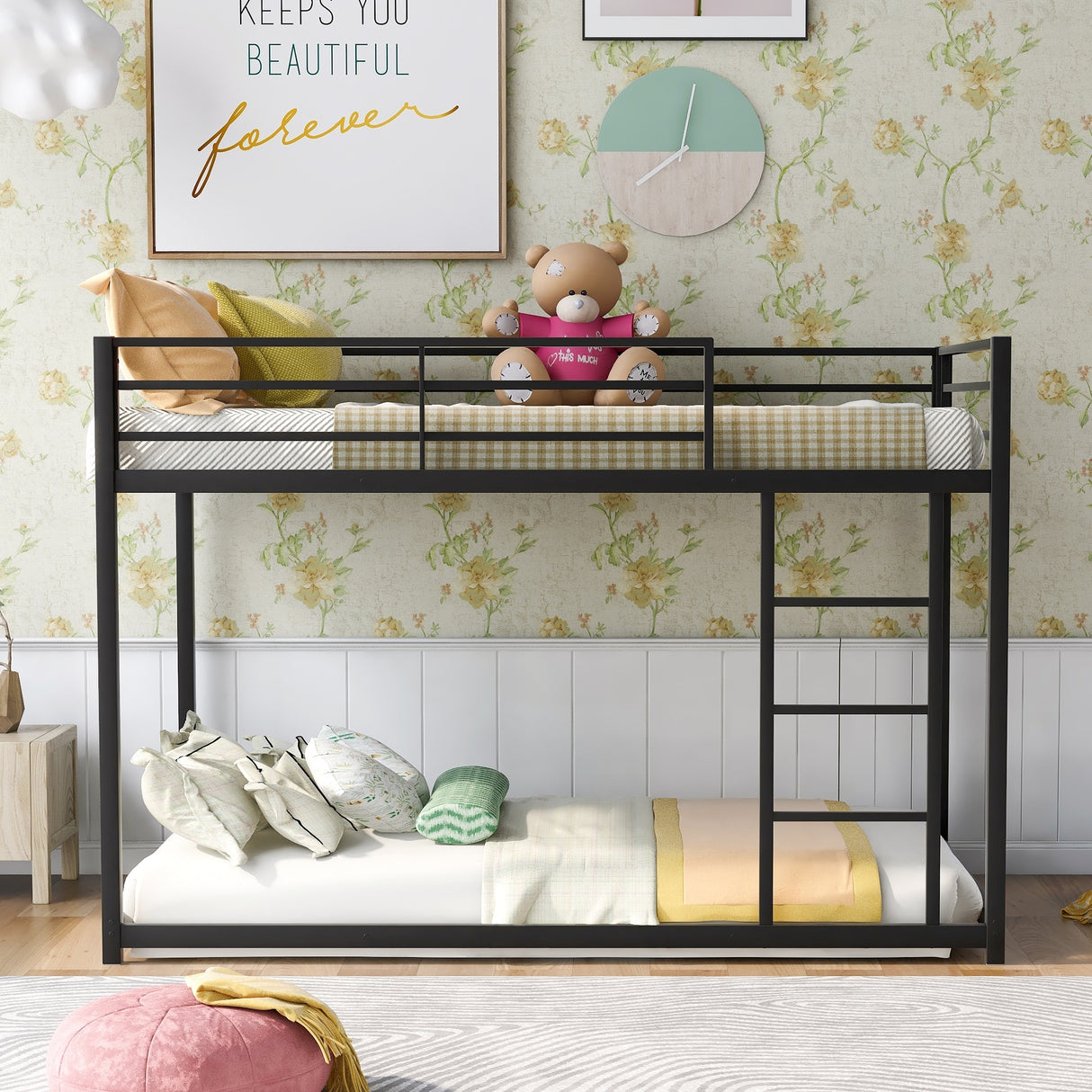 Modern Metal Bunk Bed, Low Bunk Bed with Ladder
