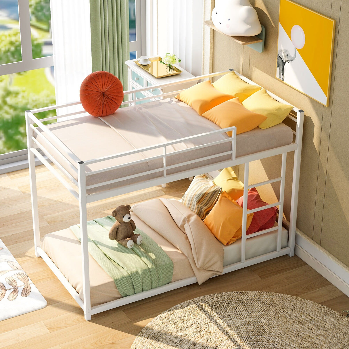 Modern Metal Bunk Bed, Low Bunk Bed with Ladder