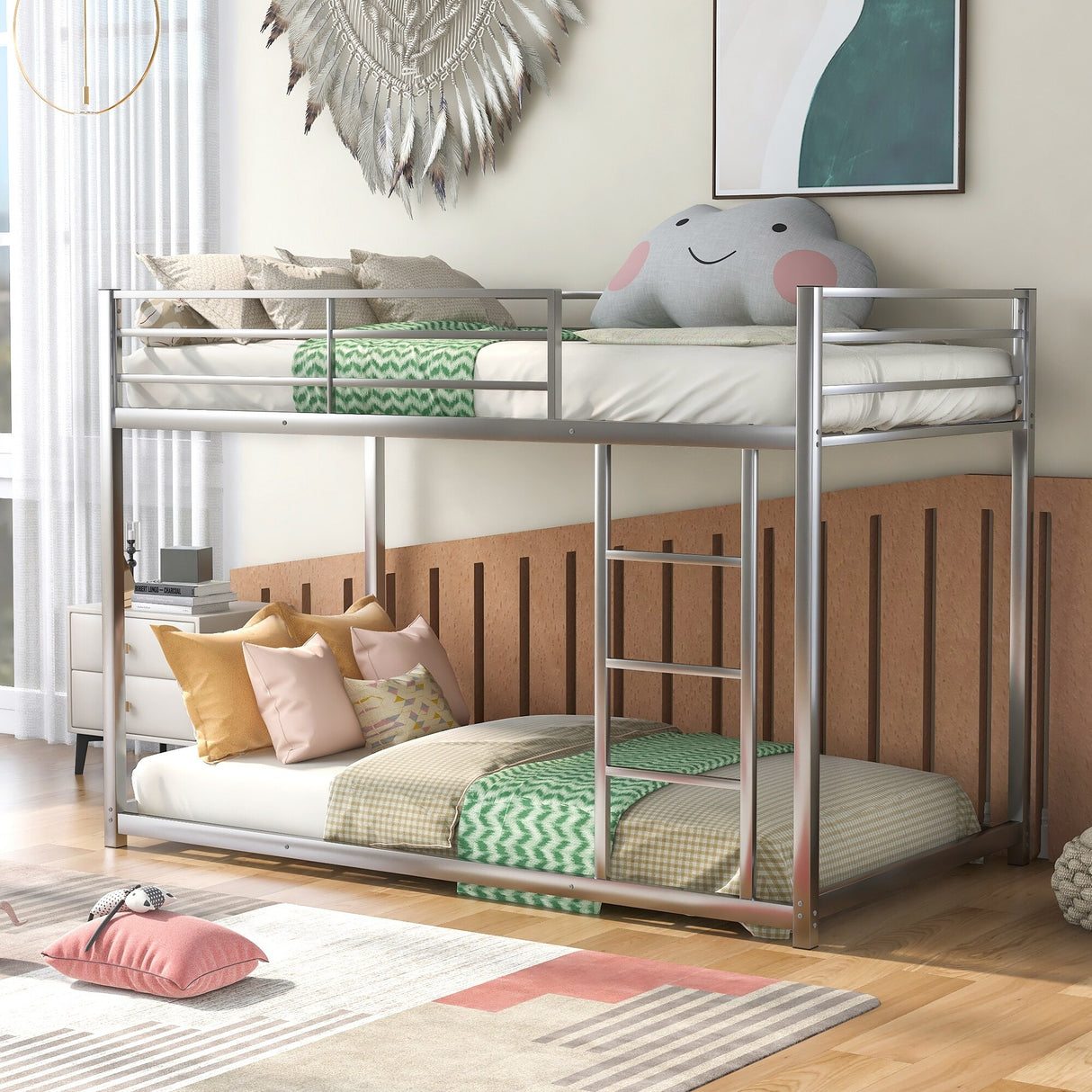 Modern Metal Bunk Bed, Low Bunk Bed with Ladder