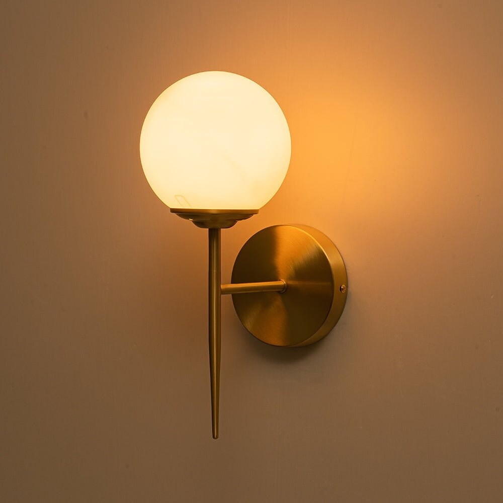 Modern Mid-Century Opal Glass Globe Brass Single Wall Lamp