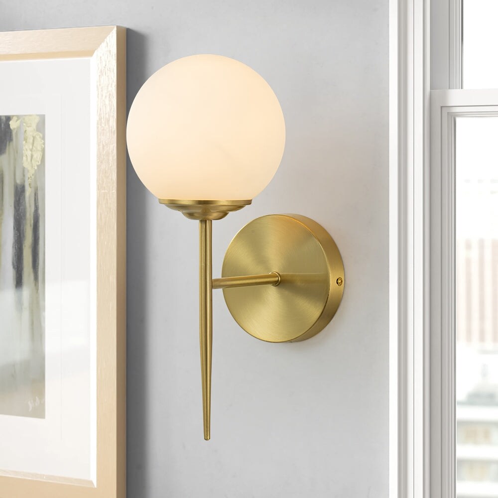 Modern Mid-Century Opal Glass Globe Brass Single Wall Lamp
