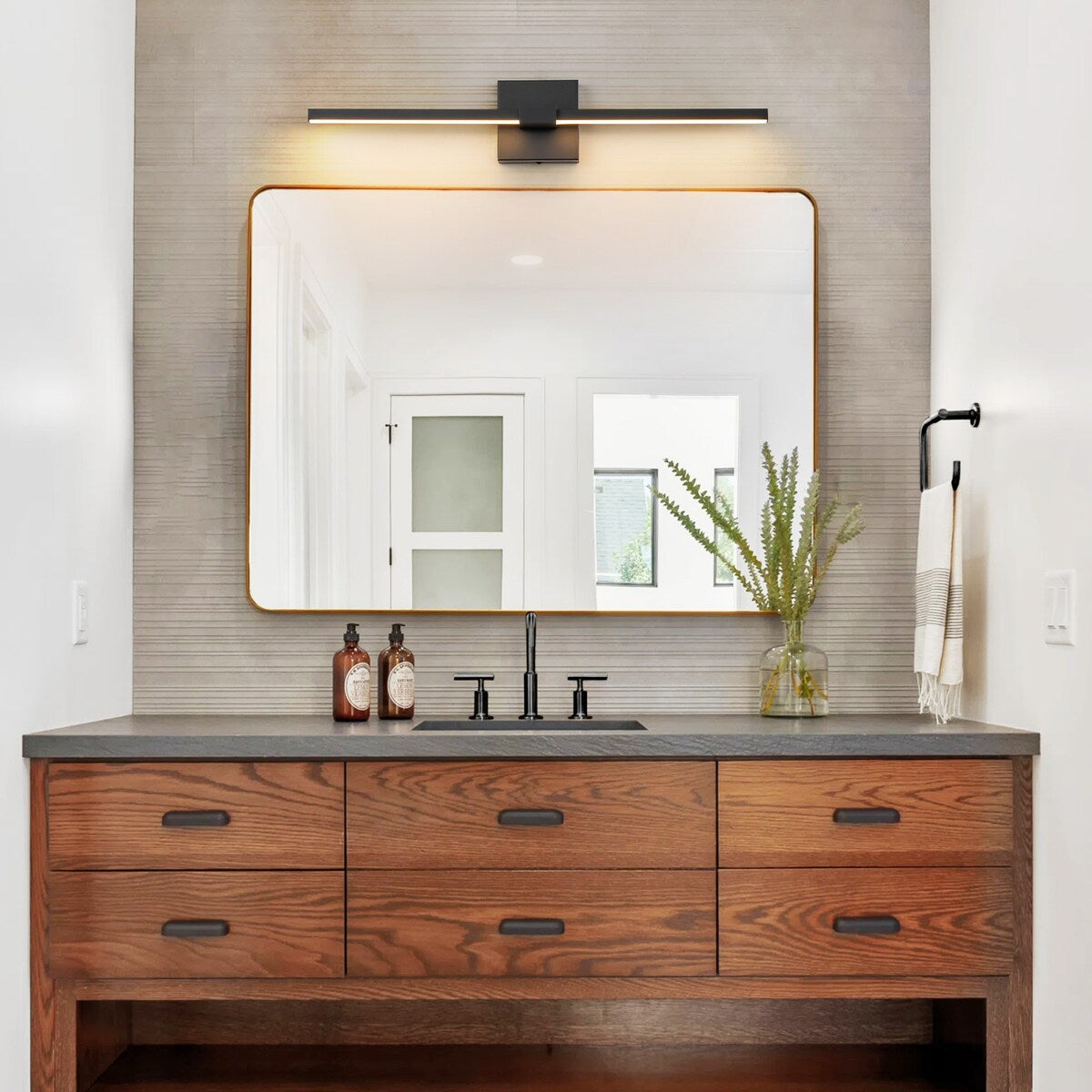 1-Light Modern Black Aluminum Linear Wall Light Strip Dimmable Integrated LED Bathroom Vanity Light