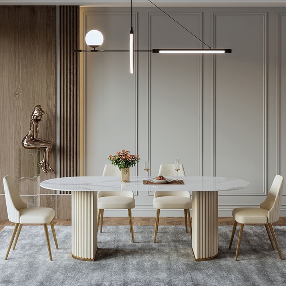 Modern Minimalist White Oval Dining Table with Glossy Sintered Stone Tabletop, Roman Column Frame Table Legs