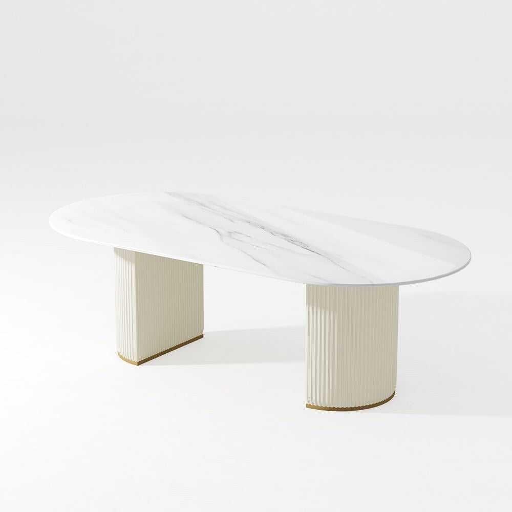 Modern Minimalist White Oval Dining Table with Glossy Sintered Stone Tabletop, Roman Column Frame Table Legs