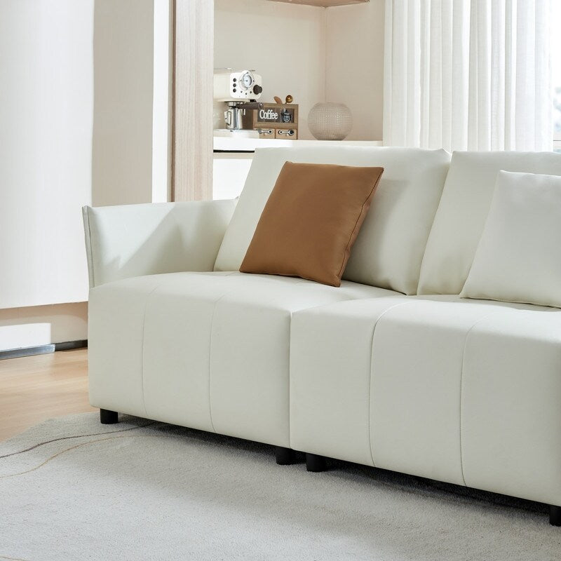 Modern Modular Real Leather Sectional Sofa Couch Button Tufted Seat Cushion for Living room, Apartment & Office, Beige