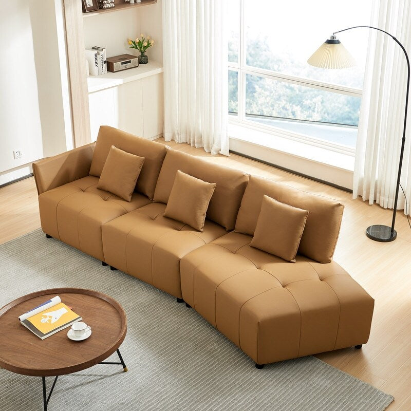 Modern Modular Real Leather Sectional Sofa Couch Button Tufted Seat Cushion for Living room, Apartment & Office, Beige