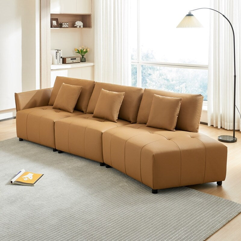 Modern Modular Real Leather Sectional Sofa Couch Button Tufted Seat Cushion for Living room, Apartment & Office, Beige