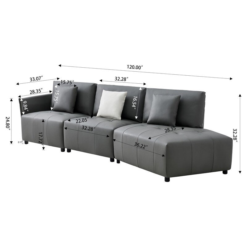 Modern Modular Real Leather Sectional Sofa Couch Button Tufted Seat Cushion for Living room, Apartment & Office, Beige