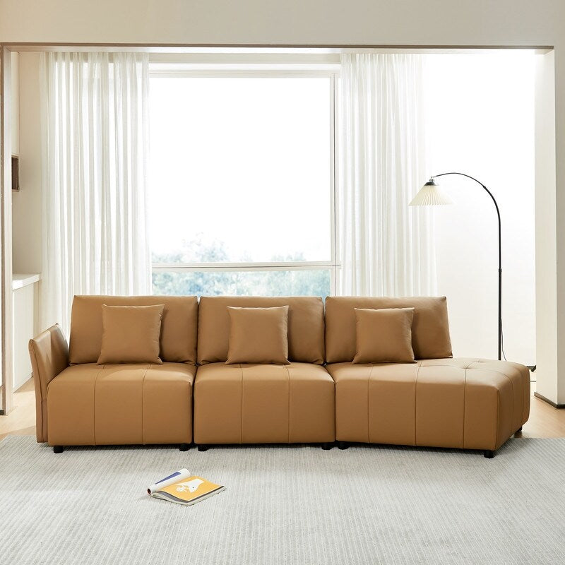 Modern Modular Real Leather Sectional Sofa Couch Button Tufted Seat Cushion for Living room, Apartment & Office, Beige