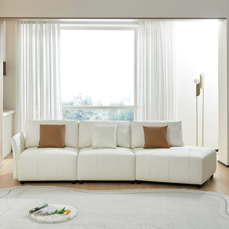 Modern Modular Real Leather Sectional Sofa Couch Button Tufted Seat Cushion for Living room, Apartment & Office, Beige