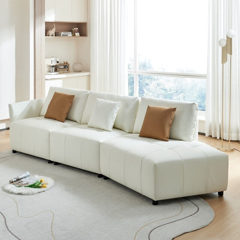 Modern Modular Real Leather Sectional Sofa Couch Button Tufted Seat Cushion for Living room, Apartment & Office, Beige