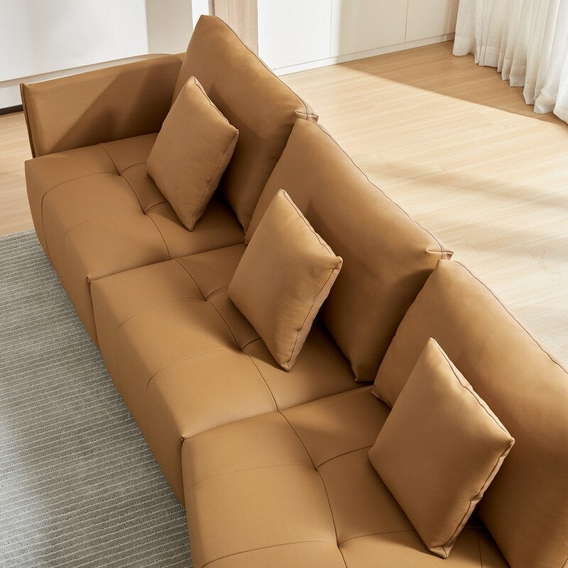Modern Modular Real Leather Sectional Sofa Couch Button Tufted Seat Cushion for Living room, Apartment & Office, Beige