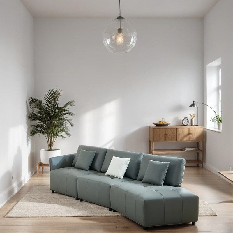 Modern Modular Real Leather Sectional Sofa Couch Button Tufted Seat Cushion for Living room, Apartment & Office, Beige