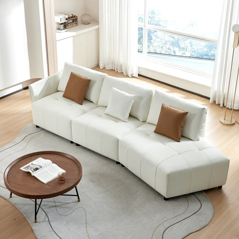Modern Modular Real Leather Sectional Sofa Couch Button Tufted Seat Cushion for Living room, Apartment & Office, Beige