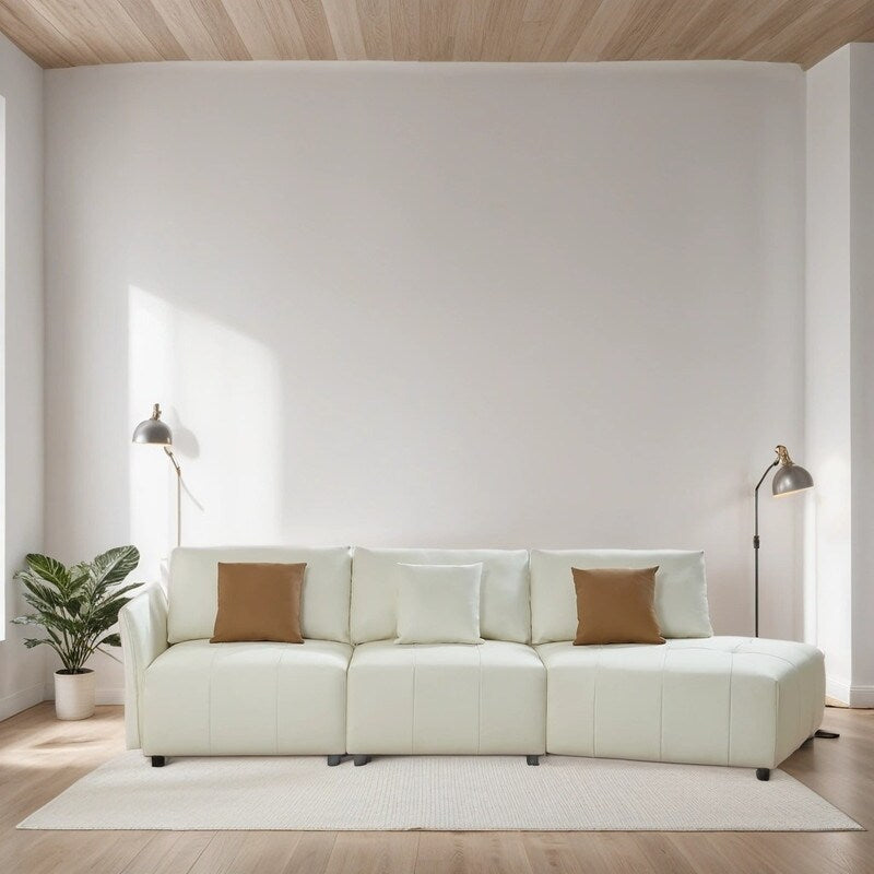 Modern Modular Real Leather Sectional Sofa Couch Button Tufted Seat Cushion for Living room, Apartment & Office, Beige