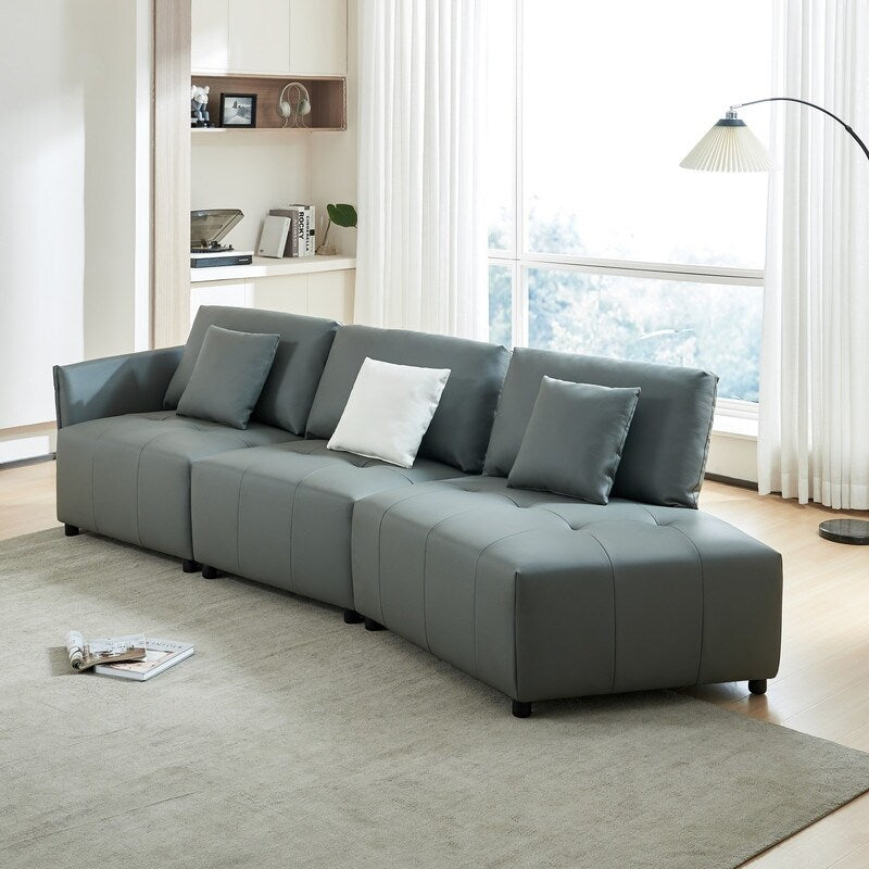 Modern Modular Real Leather Sectional Sofa Couch Button Tufted Seat Cushion for Living room, Apartment & Office, Beige