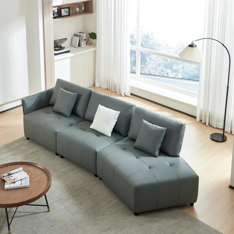 Modern Modular Real Leather Sectional Sofa Couch Button Tufted Seat Cushion for Living room, Apartment & Office, Beige