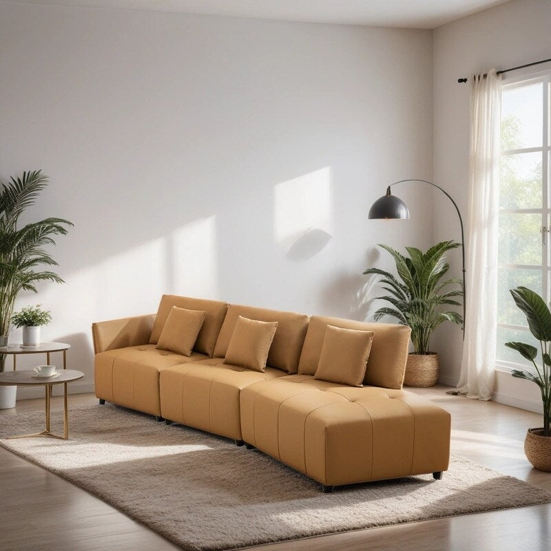 Modern Modular Real Leather Sectional Sofa Couch Button Tufted Seat Cushion for Living room, Apartment & Office, Beige
