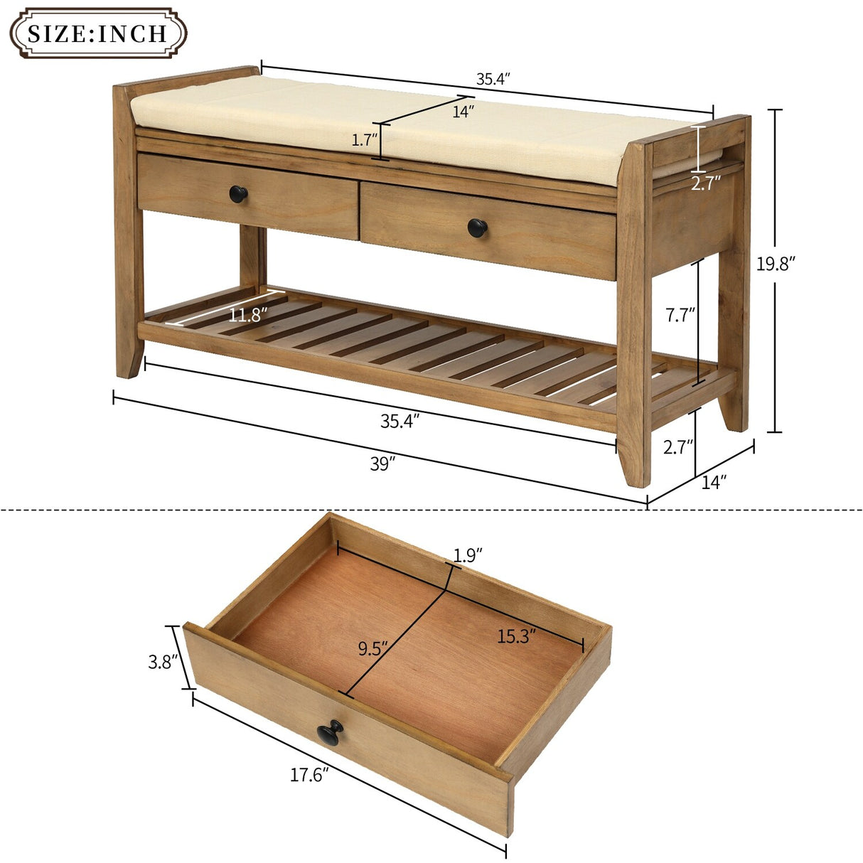 Modern Multipurpose Entryway Storage Bench With Upholstered Seat and Drawers