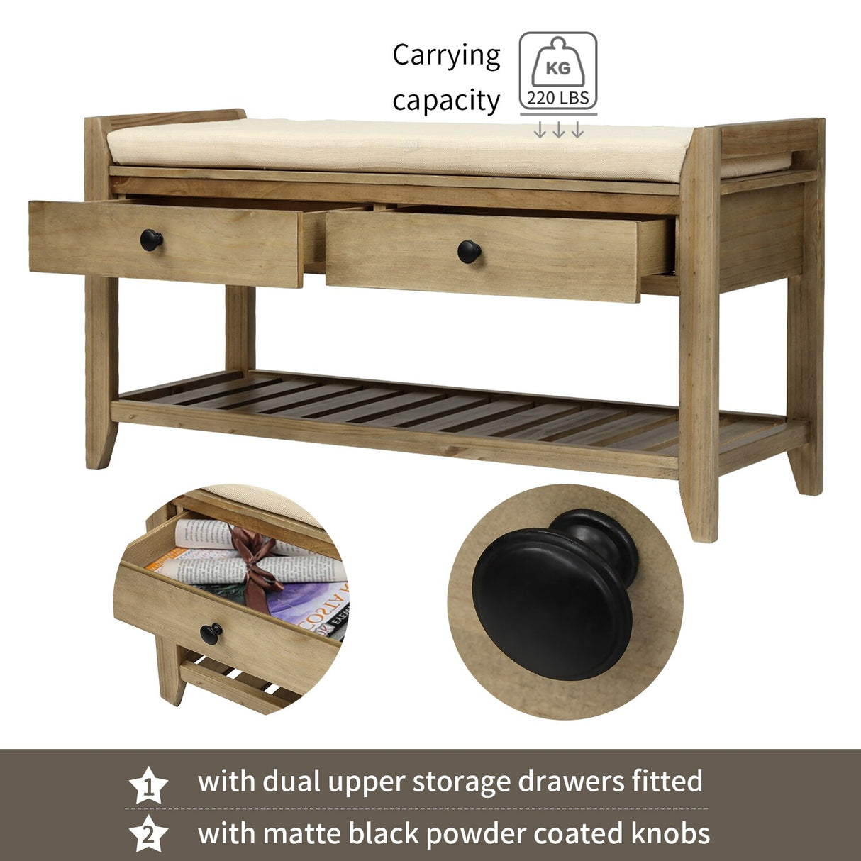 Modern Multipurpose Entryway Storage Bench With Upholstered Seat and Drawers