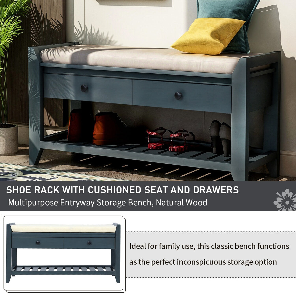 Modern Multipurpose Entryway Storage Bench With Upholstered Seat and Drawers