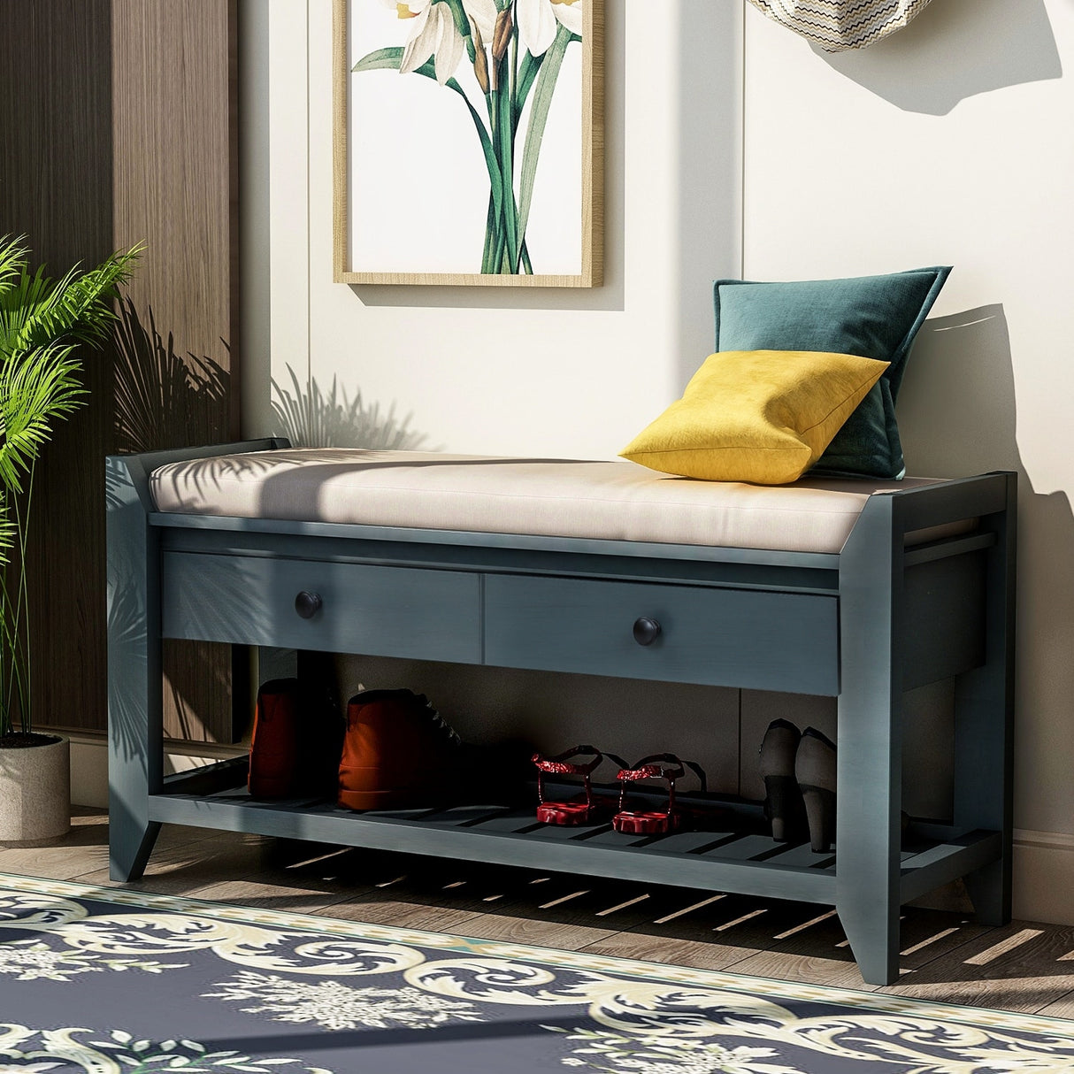 Modern Multipurpose Entryway Storage Bench With Upholstered Seat and Drawers
