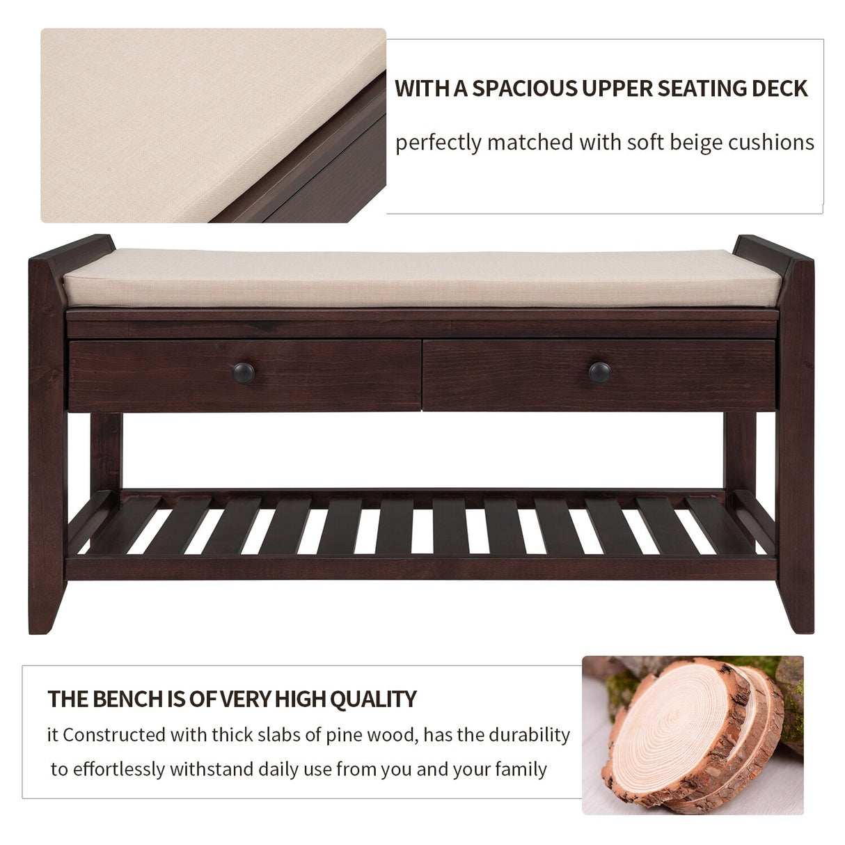 Modern Multipurpose Entryway Storage Bench With Upholstered Seat and Drawers