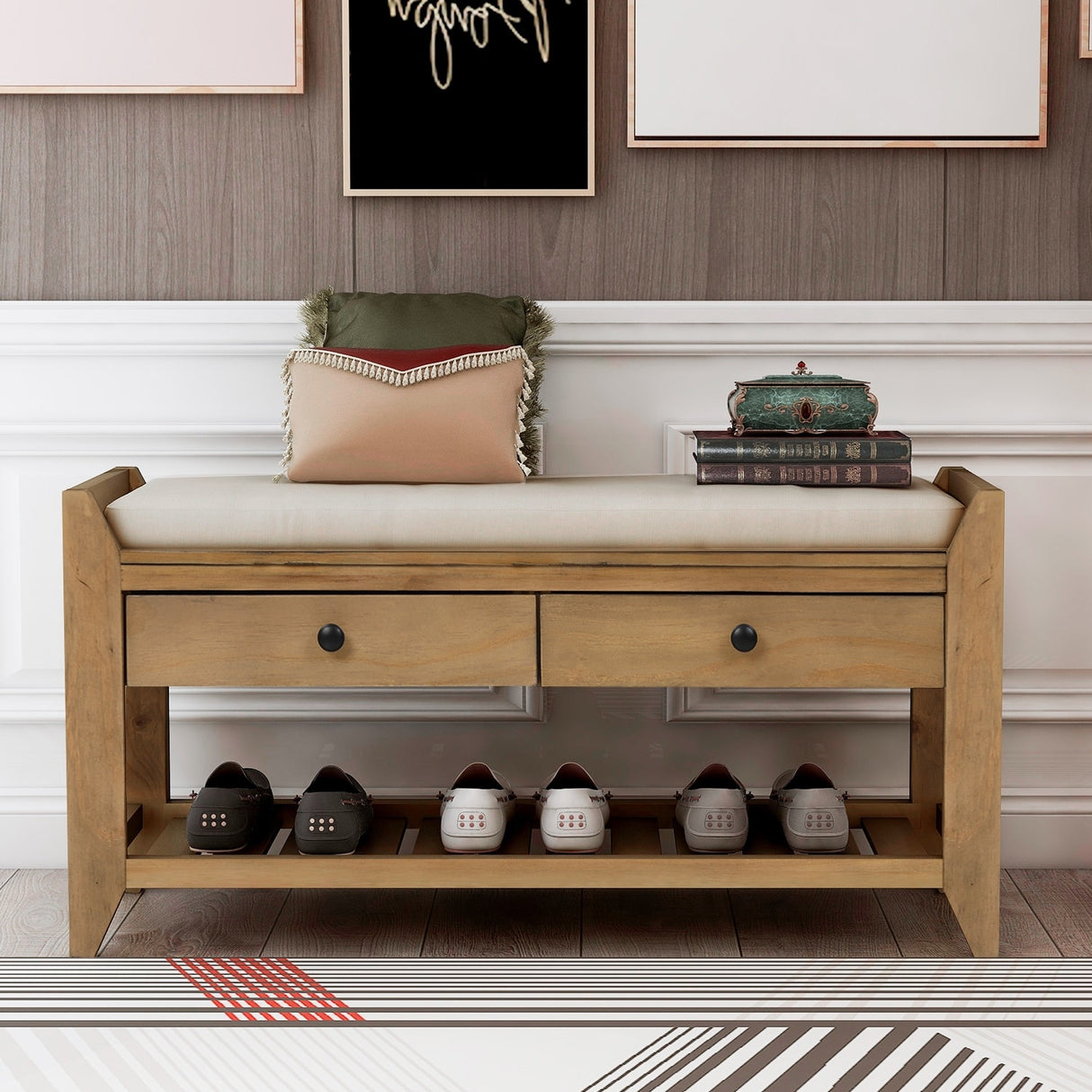 Modern Multipurpose Entryway Storage Bench With Upholstered Seat and Drawers
