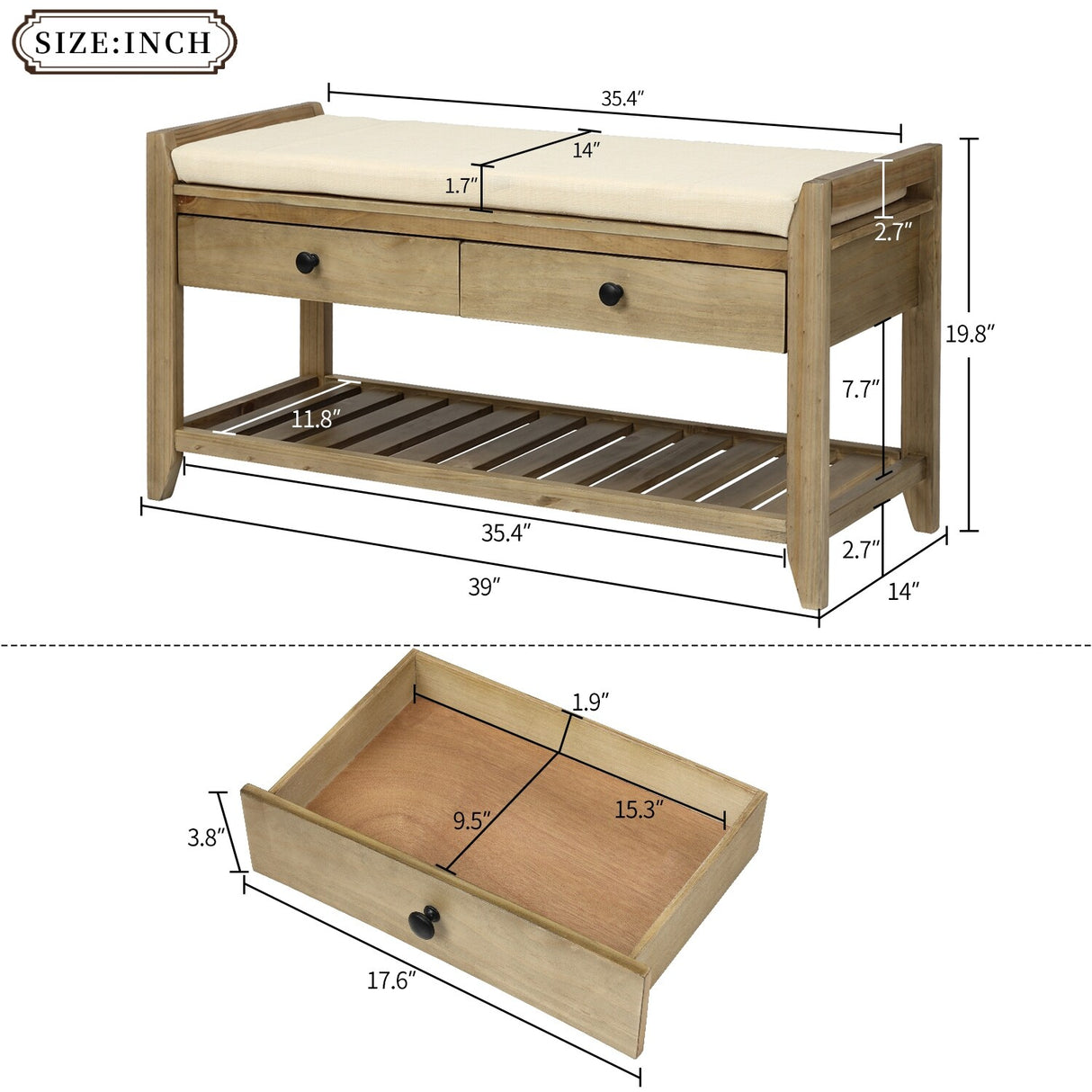 Modern Multipurpose Entryway Storage Bench With Upholstered Seat and Drawers