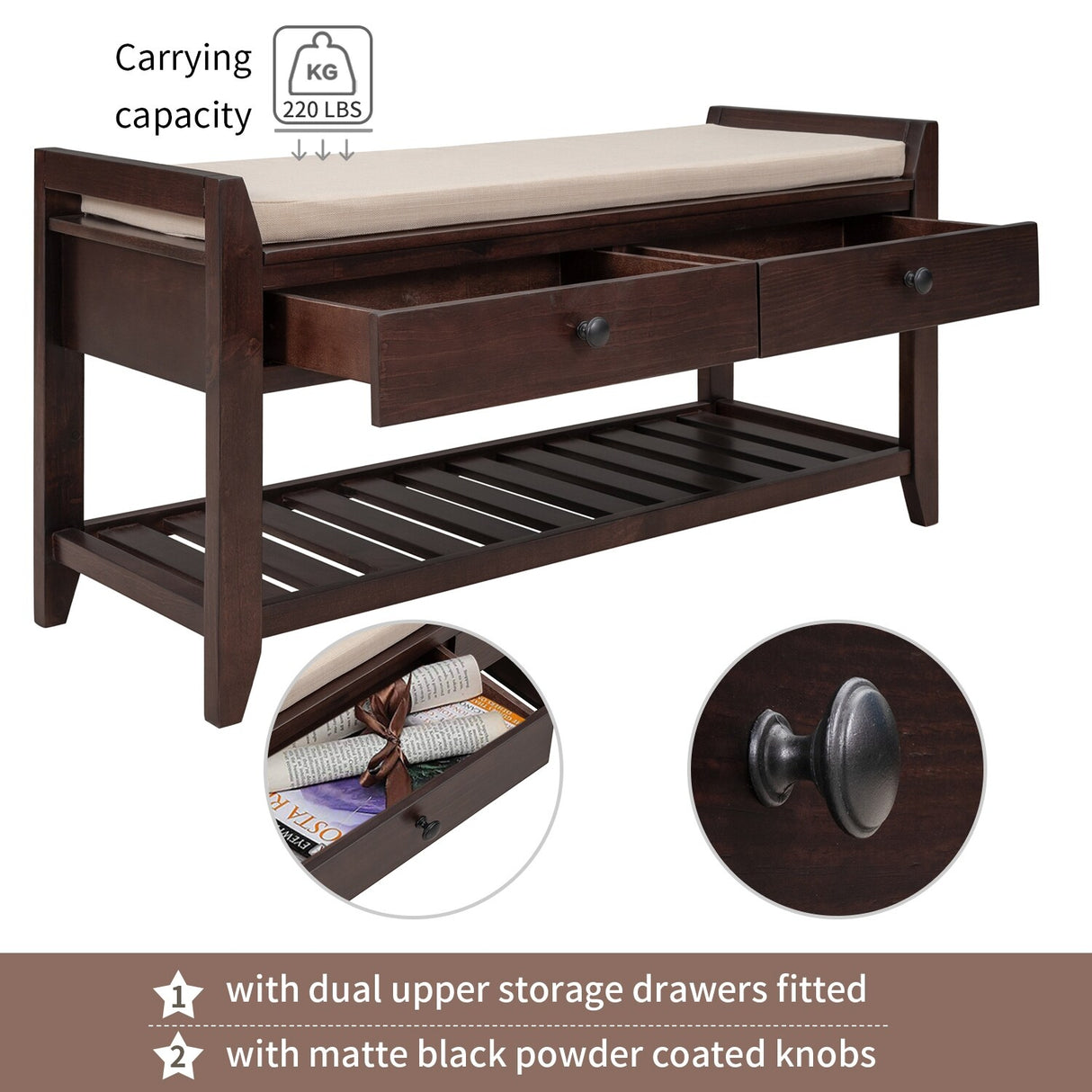 Modern Multipurpose Entryway Storage Bench With Upholstered Seat and Drawers