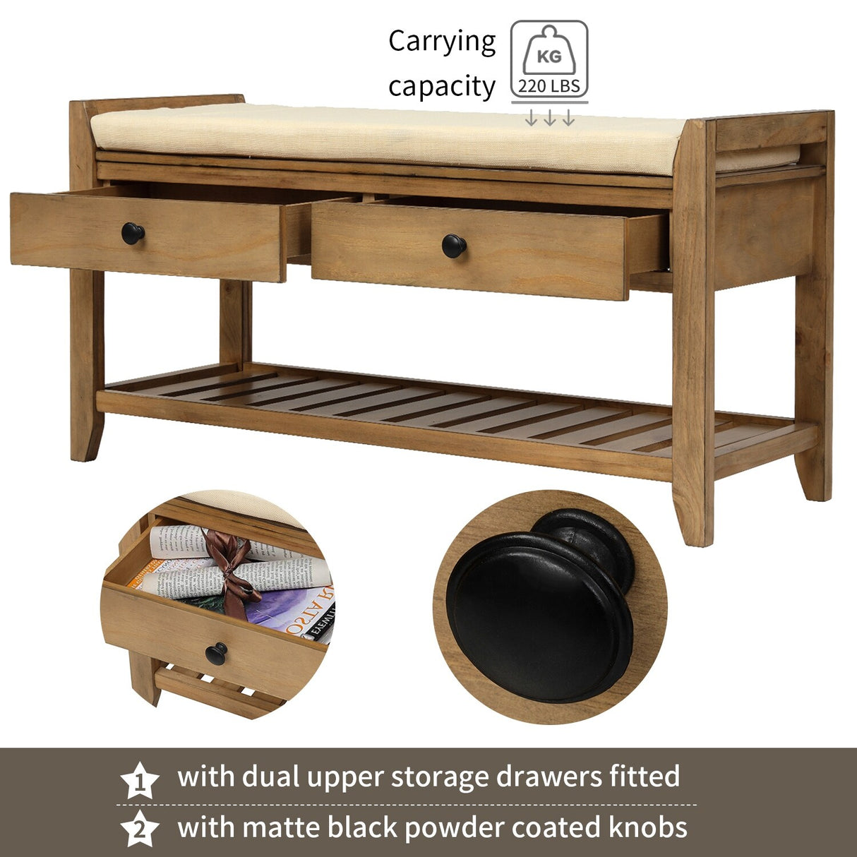 Modern Multipurpose Entryway Storage Bench With Upholstered Seat and Drawers