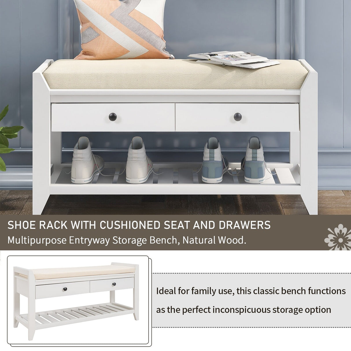 Modern Multipurpose Entryway Storage Bench With Upholstered Seat and Drawers