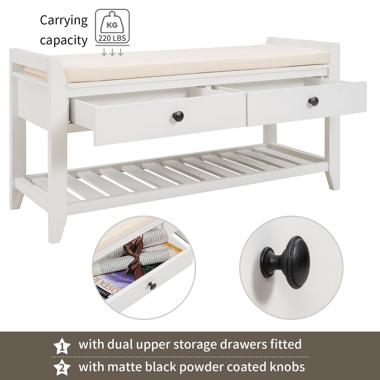 Modern Multipurpose Entryway Storage Bench With Upholstered Seat and Drawers