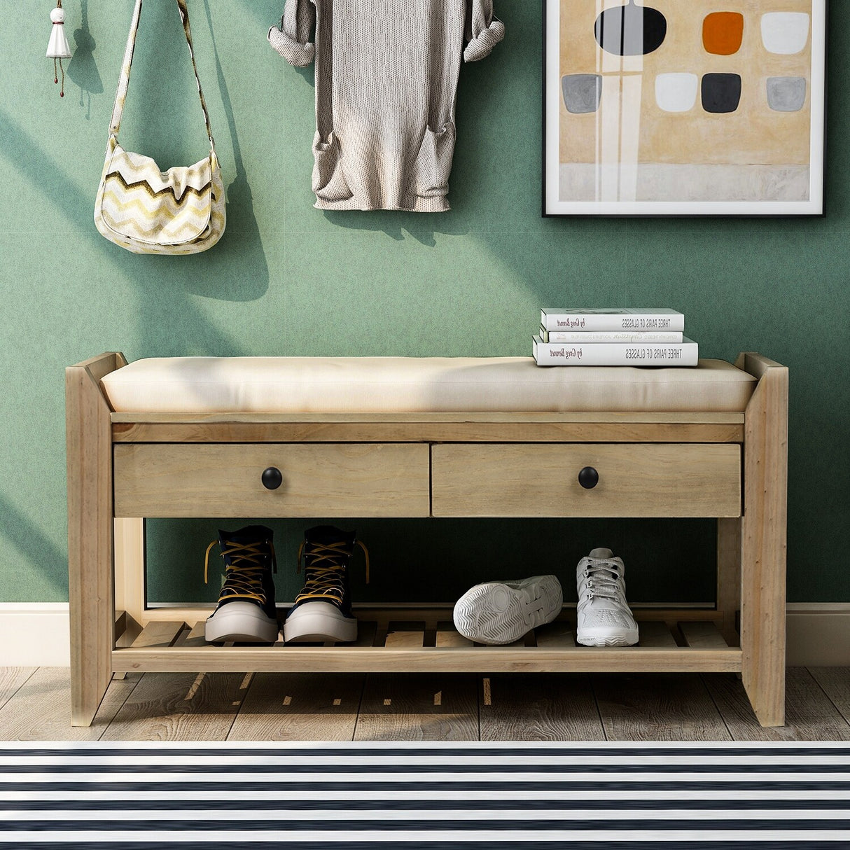Modern Multipurpose Entryway Storage Bench With Upholstered Seat and Drawers