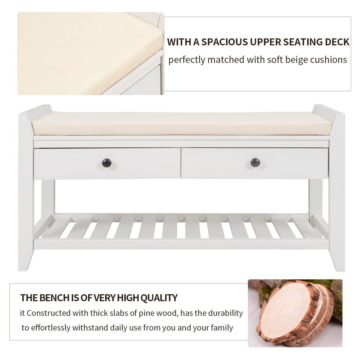Modern Multipurpose Entryway Storage Bench With Upholstered Seat and Drawers
