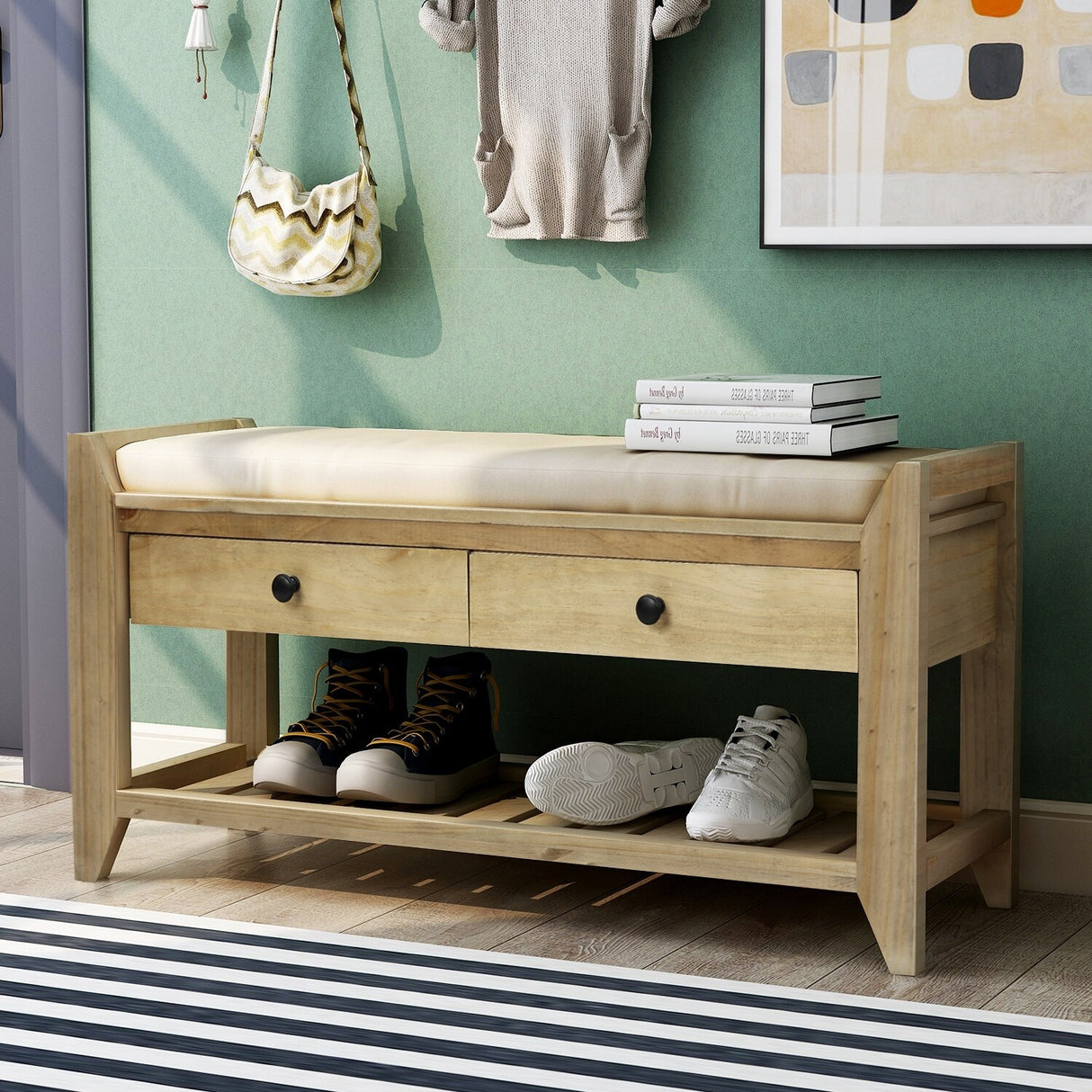 Modern Multipurpose Entryway Storage Bench With Upholstered Seat and Drawers