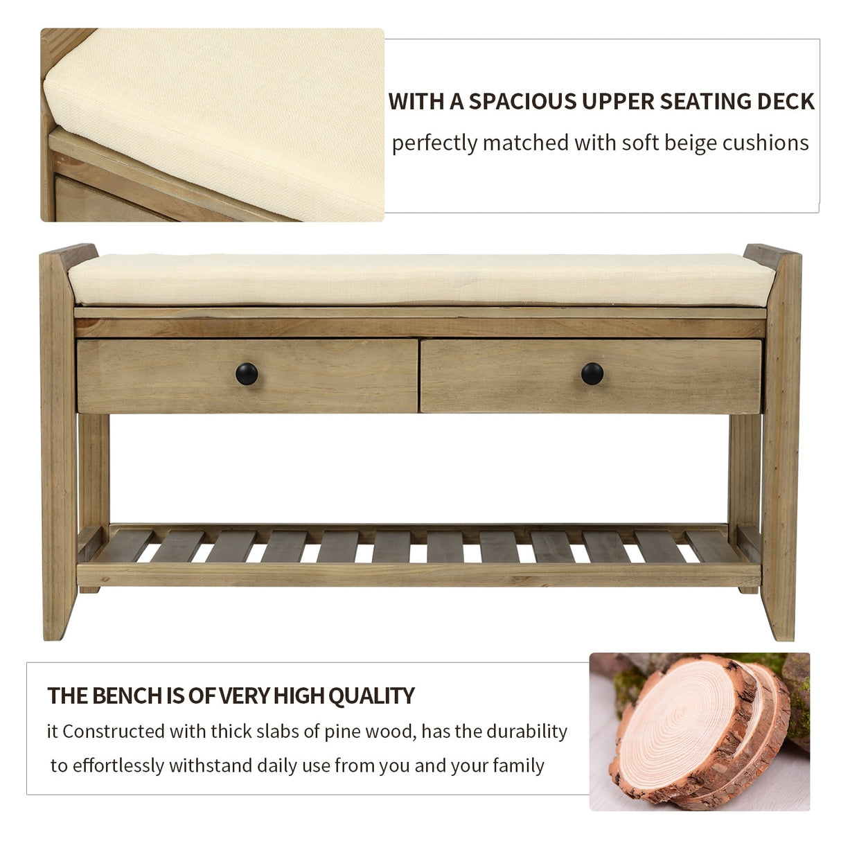 Modern Multipurpose Entryway Storage Bench With Upholstered Seat and Drawers