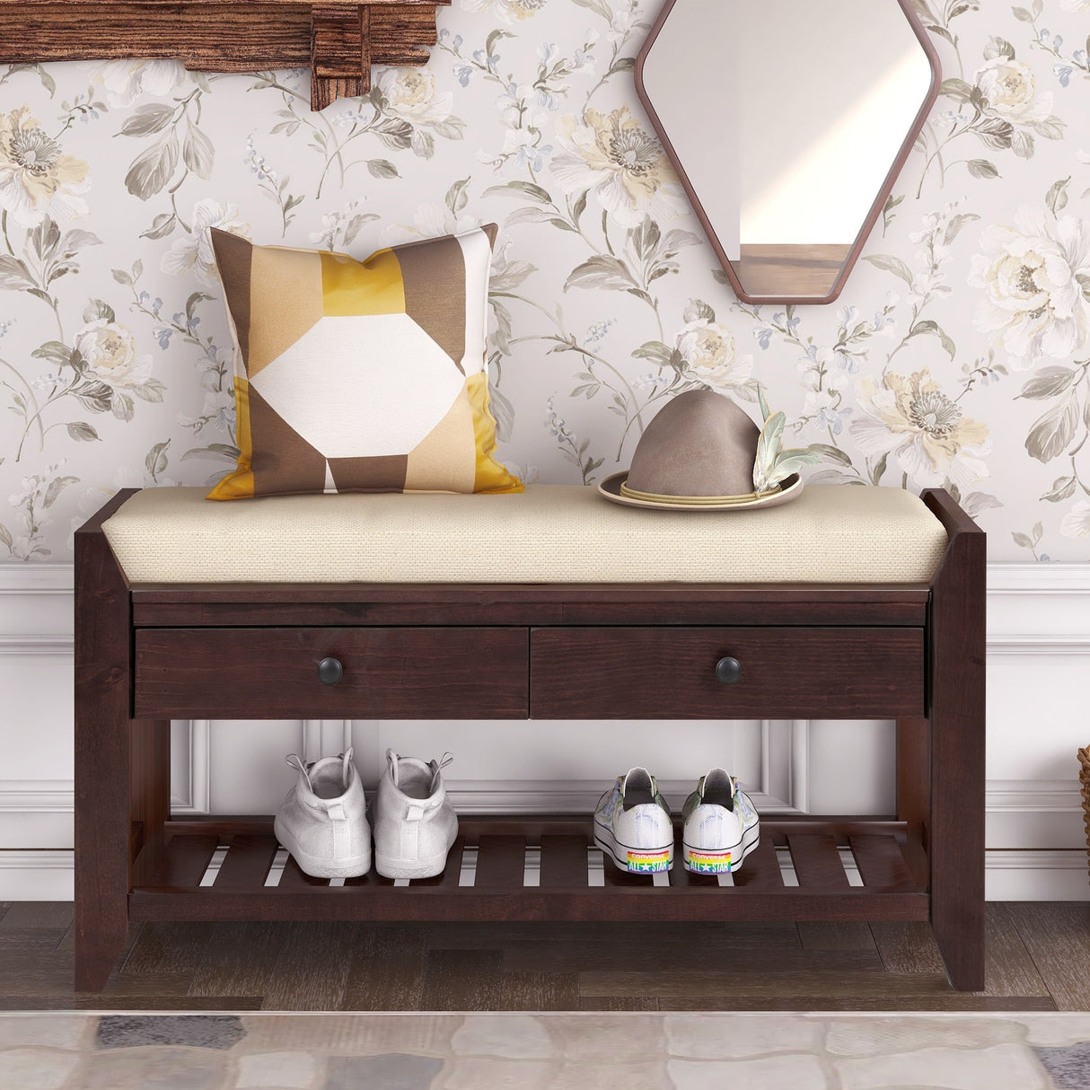 Modern Multipurpose Entryway Storage Bench With Upholstered Seat and Drawers