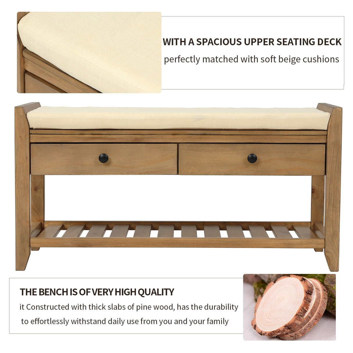 Modern Multipurpose Entryway Storage Bench With Upholstered Seat and Drawers
