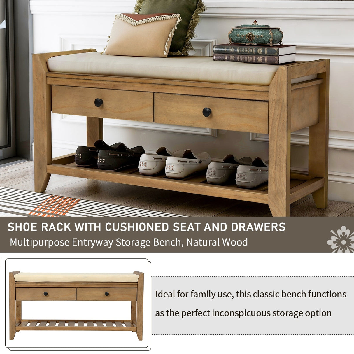 Modern Multipurpose Entryway Storage Bench With Upholstered Seat and Drawers